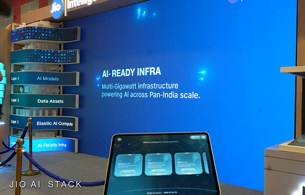 Jio AI Stack display showing AI-ready infrastructure and interactive tablet